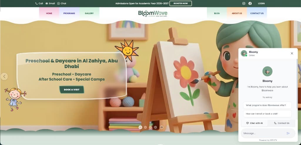 BloomWave Learning & Daycare website with AI enquiry assistant